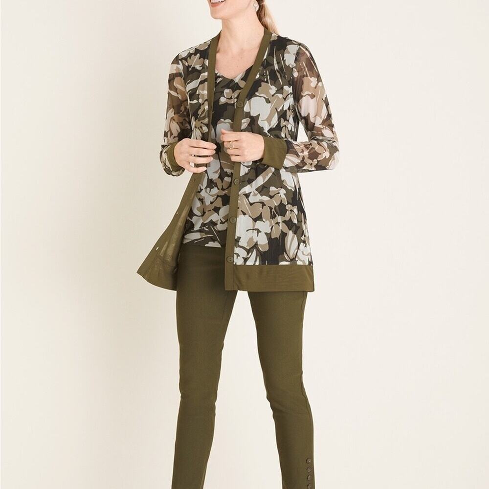 Chico's Olive Green Floral Sheer Cardigan